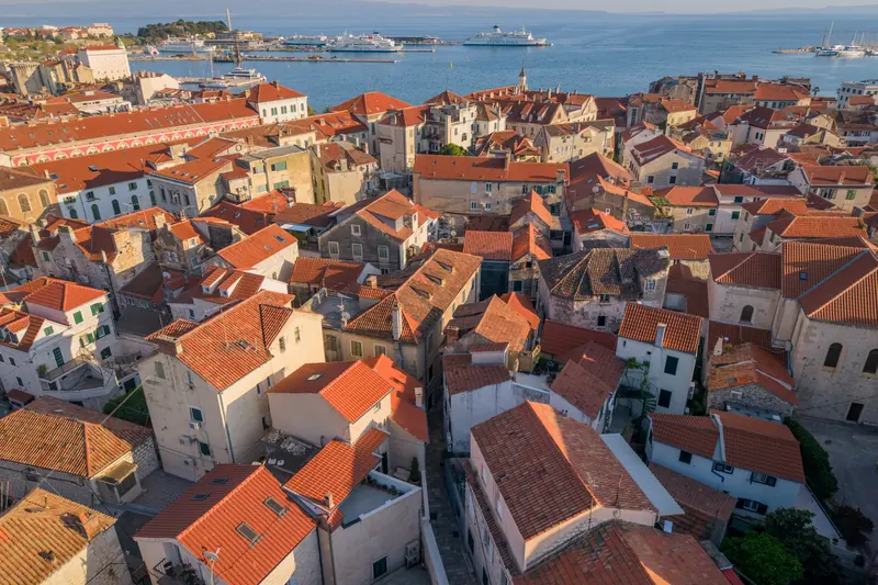 Stone houses and red rooftops on the Varoš side of Split, looking towards the harbour